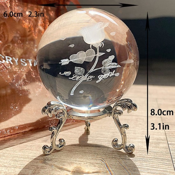 Krystall 2,4 tommer (60 mm) utskjæringsrose krystallkule med splintbelagt blomstrende stativ