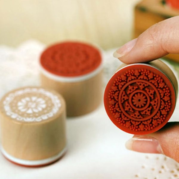 Gummistempelforsegling av tre med blomsterhåndskrift for utklippsbokhåndverk (6 stk, trefarge)