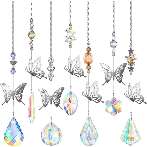 7 stk krystaller solfanger, sommerfugle solfangere, farverig krystal lysekrone vedhæng, vindueshængende ornament