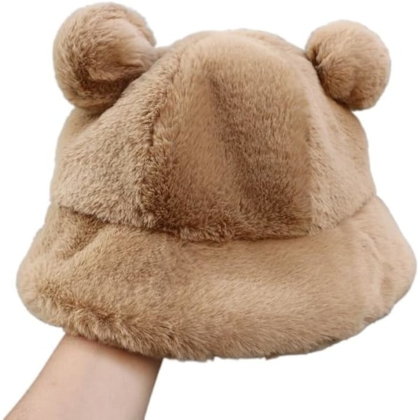Höst-Vinter Leopard Buckethatt med Björnöron, Plyschboll, Mjuk Varm Tjock Sjunkskyddande Buckethatt Khaki One size