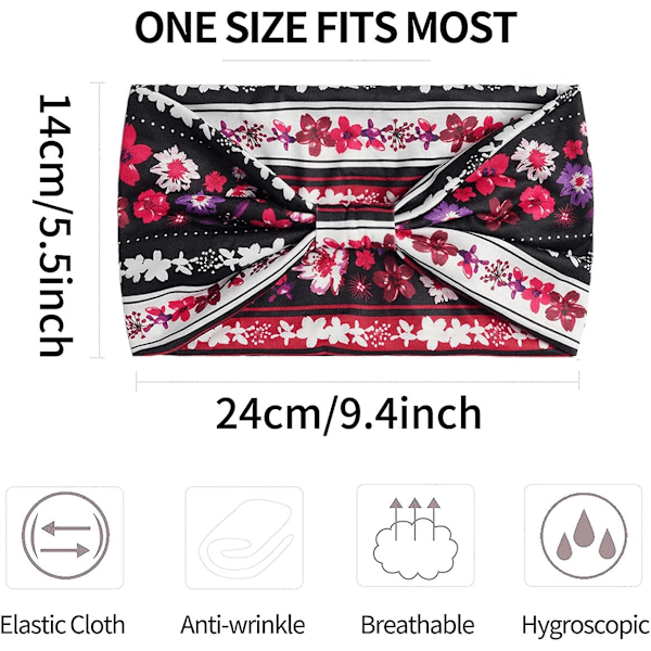 Boho-tyyliset leveät hiusnauhat naisille, kukkakuvioiset joogan hiusnauhat, joustavat hiusnauhat, vintage-tyyliset ristikkäiset hiuslisäkkeet naisille ja tytöille 17 1 count (Pack of 1)