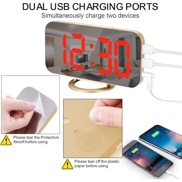 Digital väckarklocka, 6,5 tum LED och spegel elektronisk klocka, med dubbla USB-portar, batteribackup, automatisk dimmer, modern skrivbords klocka för sovrum Goldred