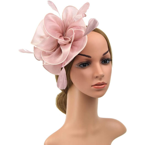Fascinator Hat for Women Cocktail Tea Party Headwear Flower Mesh Ribbon Feathers Headband Pink B
