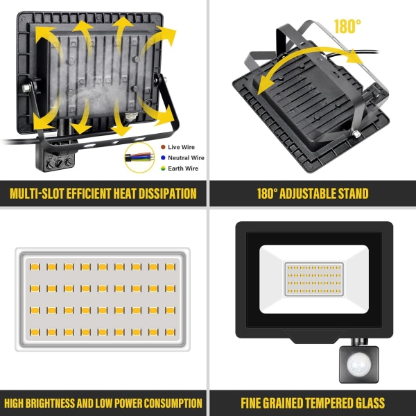 LED-säkerhetsljus utomhus rörelsesensor 30W LED-strålkastare 3000lm IP66 Vattentät PIR-lampor Varmvitt 4000K Vägglampa för trädgård Bakgård Gar Warm White 4000k 30W