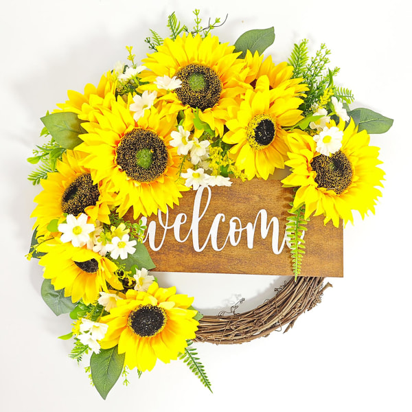 Solsikkekrans velkomstskilt kunstig blomsterkrans ytterdørskrans for vårsommer bryllupsdekorasjoner