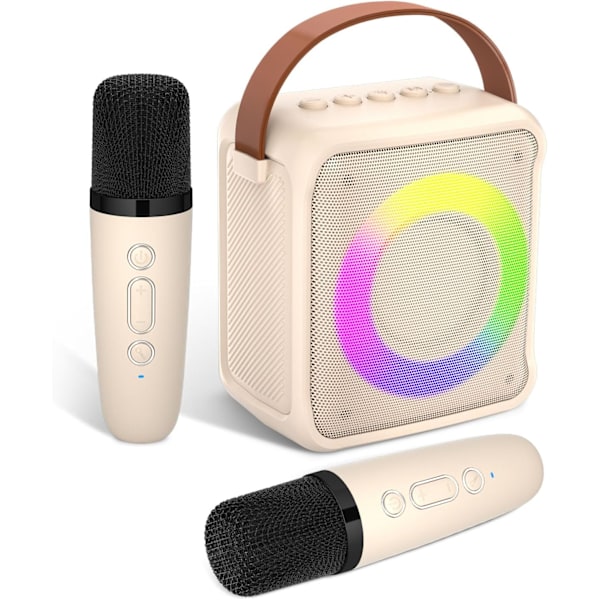 Karaokeleker for barn og voksne med 2 mikrofoner, bærbar karaoke maskin med LED-lys og stemmeendringseffekter, gaver for barn i alderen 3-18 år Beige 2 Mic