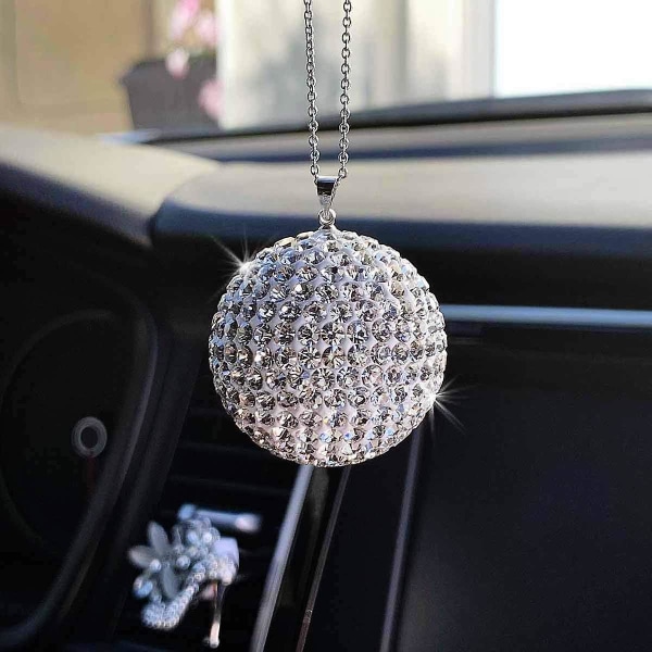 Bling Car Decor Krystalkugle Bil Bakspejl Charm, Rhinestone Hængende Bil Ornament, Bling Biltilbehør Til Kvinder (sølv)