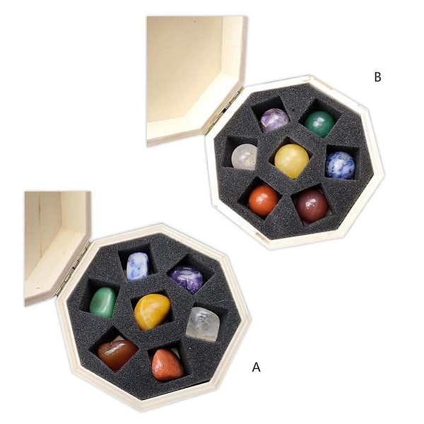 7st Meditation Kristallpolerade Energistenar Terapi Tumbled Chakra Ädelstenar Kvarts Med Hexagon Formad Trä Display Box Presenter
