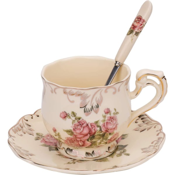 Teekuppi ja lautanen set, 8 Oz. Norsunluu posliininen kahvikuppi Vintage kukkainen keraaminen set lautasella ja lusikalla
