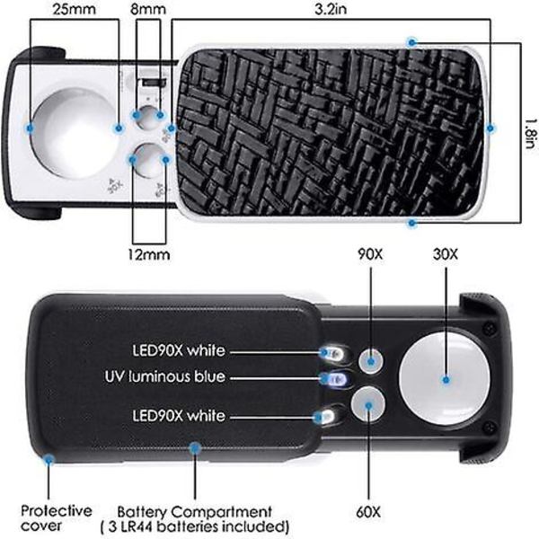 Håndholdt forstørrelsesglass med led lys, 30x 60x 90x lite stående forstørrelsesglass - svart
