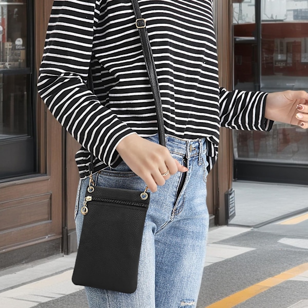 Liten Mobilväska, Mjuk Mobilväska i PU-läder för Damer, Mobilficka Crossbody Mobilväska - Svart black