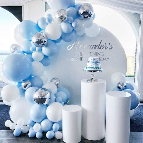 Blå ballongbågsset, 114 delar blå silver ballonggirlangset, blå silver och vita ballonger, gör-det-själv ballongbåge för bröllop, dop, pojke