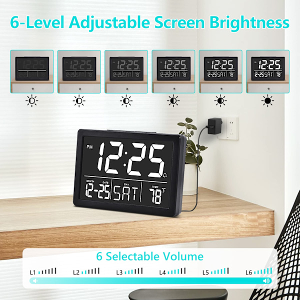 Väckarklocka, Digital Klocka, Elektrisk Digital Klocka med 5,5\" LED-Display, Ljusstyrka, Justerbar Volym, Datum och Temperatur, Bordsklocka för Sängar black