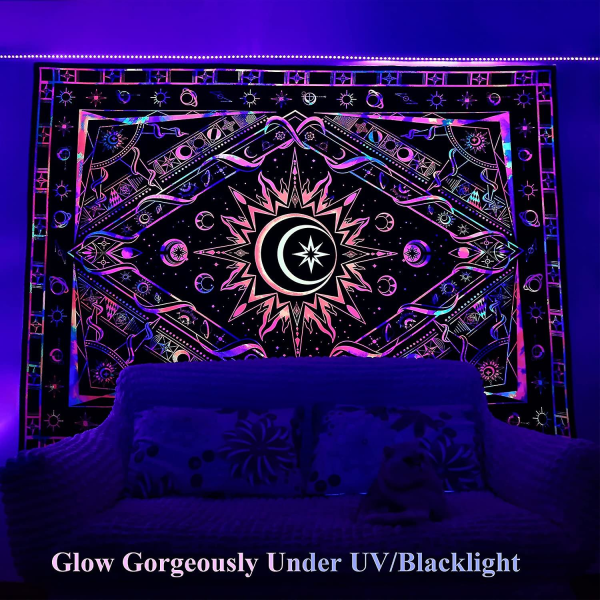 UV-responsiivinen musta vaalea juliste värillinen tausta hehkuva tumma hippi boheemi kuvakudos, 80" x 60"