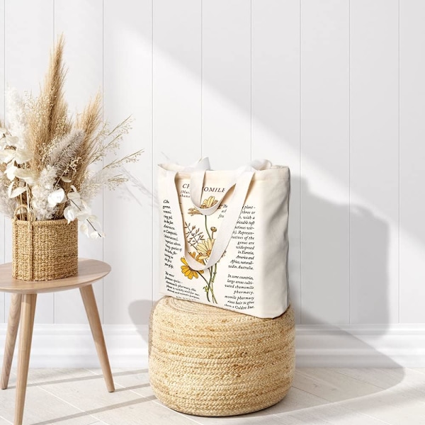 Canvas Tote Bag, Skuldertaske Håndtasker til Piger Kvinder, Casual Canvas Totebag Genanvendelig Indkøbstaske Skoletaske til College Skole Arbejde Indkøb Chamomile