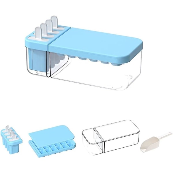 2-in-1 jääpalakonesäiliön säilytystila, yksi jääpalatarjotin, neljä molds, jäälaatikko kannella ja jääkauha (1-osainen set, sininen)