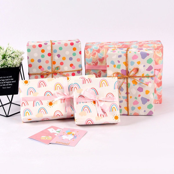 6pcs Exquisite Anti-fade Rectangle Kraft Paper Gift Wrapping Papers Heart Rainbow Print Valentine Day Wrapping Papers Festival Accessories