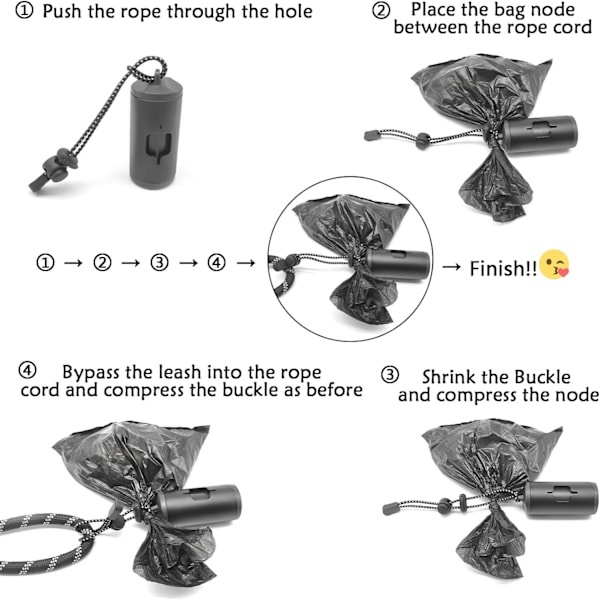 Aluminium hundbajspåshållare med karbinhake, metallisk husdjursavfallspåsehållare med kardborreband och elastisk sladd för att bära använda påsar (1 svart) Black 2 Holder 30 Bags