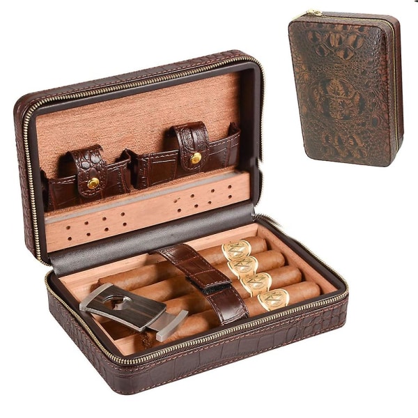 Leather Travel Cigar Humidor Case, Portable Cedar Wood med luftfukter Luftfukter for 4 sigarer