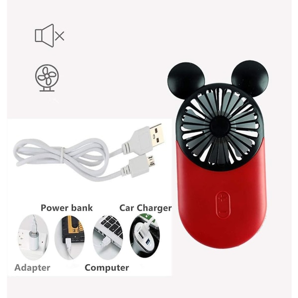 Söt personlig minifläkt, 3 justerbara hastigheter, bärbar hållare, för utomhusaktiviteter inomhus, söt mus 3-pack (röd+rosa+gul)