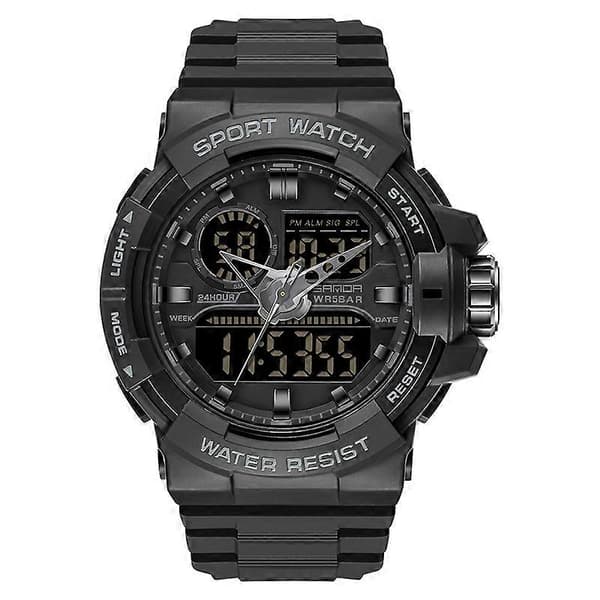SANDA 6025 Dual Time Digital Display Vandtæt Quartz Ur Helt Sort