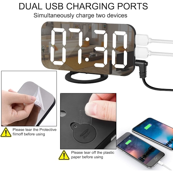 Digital Klocka med Stor Display, LED Alarm Klocka Spegel Yta för Makeup med Dimning Läge, 3 Nivåer Ljusstyrka, Dubbla USB-portar Modern D Blackwhite