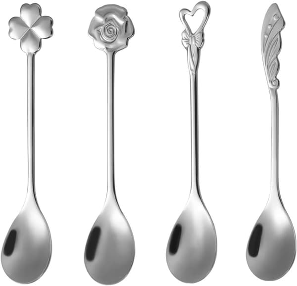 Kaffe- og dessertskeer i rustfrit stål, søde tynde sukkerskeer til omrøring, kreative blomstersukkerskeer, 4 stk.