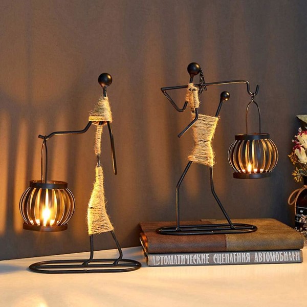 2st ljusstakar för bord, retro svart järn värmeljusstakar Vintage ljusstake stativ med hampa rep ornament