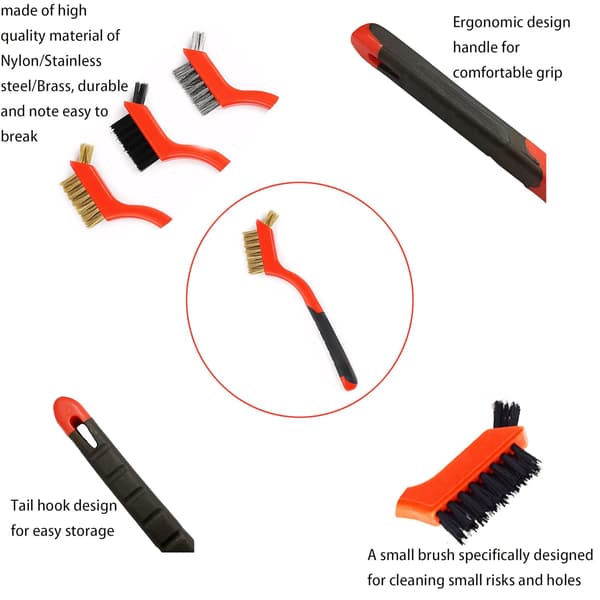 Lille stålbørstesæt til rengøring af rust i huller, 3 børster i messing/rustfrit stål/nylon