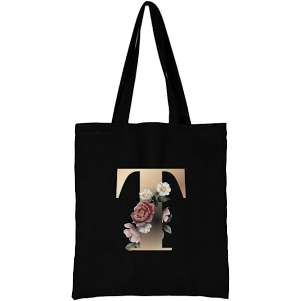26 bokstäver tryckt canvas återanvändbara matkassar, hopfällbar casual resehandväska, axel strand tote väskor, shopper väska miljövänlig super stark tvättbar Gold T