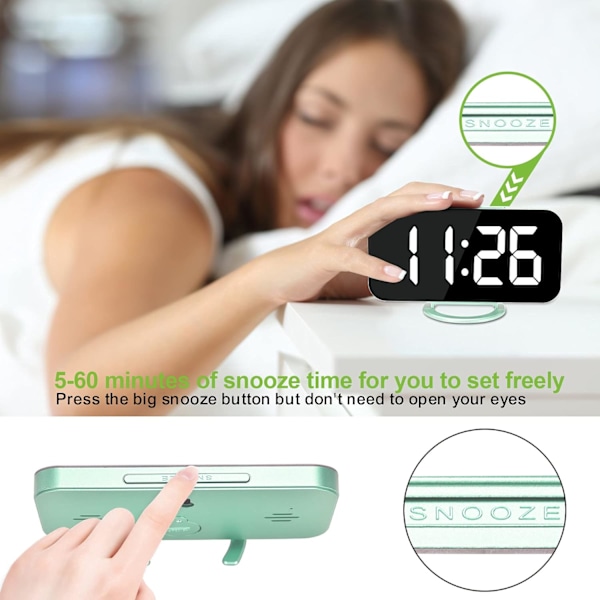 Digital Klocka med Stor Display, Väckarklocka med Spegel, 2 USB-Laddningsportar, Automatisk Dämpning, Snooze, Liten Elektrisk Klocka för Sovrum Kontor Green
