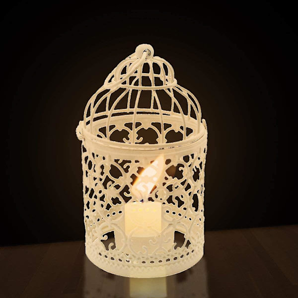 Metal Fuglebur Dekorativ Lanterne Lys Tealight Lanterne Hjem Bryllup Bord Dekoration Jern Lysestager Hængende Lanterne (6 X Hvid)