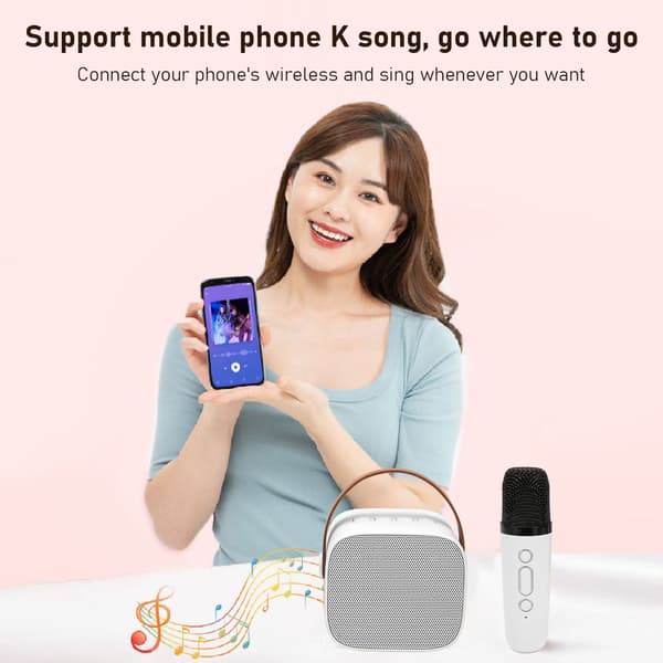 Mini karaokemaskinset stöder Bluetooth AUX USB-minneskort bärbar Bluetooth-högtalare med trådlös mikrofon White