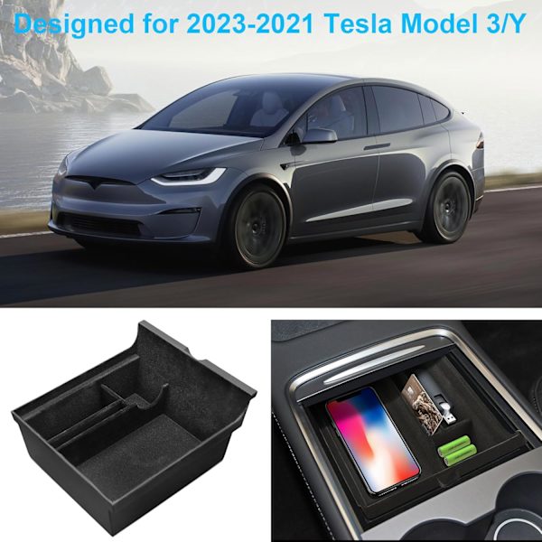 Midterkonsoll Organizer Bakke, Flocked Armlæn Gemt Cubby Skuffe Opbevaringsboks, til Seneste 2023-2021 Tesla Model 3/Y Center Console Organizer Center Console Organizer