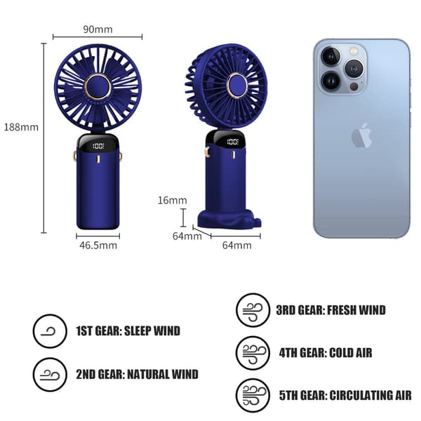 USB-genopladelig bærbar ventilator — 5 hastigheder, foldbar mini-bordventilator med LED-display (mørkeblå)
