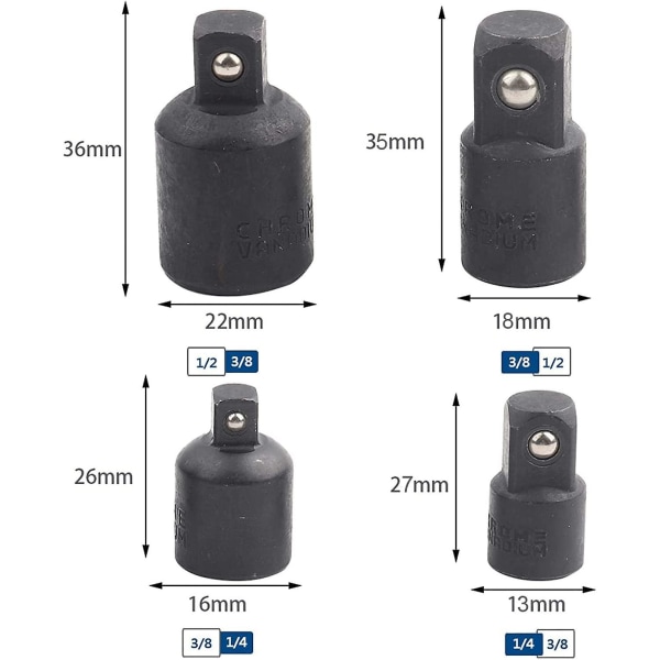 4 stk. stikadaptere, forøgere og reduktionsadaptere, til stiknøgler og bits 1/2\" 3/8\" 1/4\" værktøj