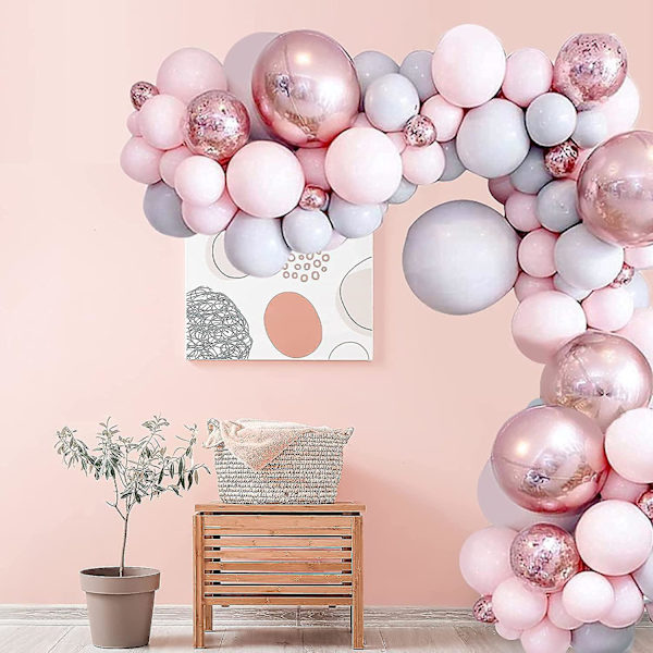 Ballonbue Kit, 170 stk. Macaron DIY Latex Pastel Pink Grå Rosaguld Balloner Garland Dekoration