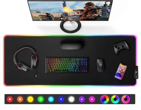 Gaming Musemåtte, XL Musemåtte 800x300x4mm, 12 LED-lystilstande, Stor Musemåtte med Premium Micro-Weave Overflade, Skridsikker Musemåtte