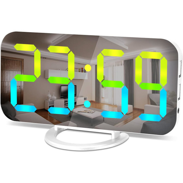 Digital väckarklocka, LED RGB färgglada klockor, med spegelyta stor skärm, 2 USB-laddningsportar, automatisk dämpning, modern skrivbords klocka för sovrum hem Whitergb