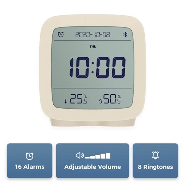 Bluetooth-vekkerklokke, App-styrt digital smartklokke med dato, tid, temperatur, fuktighet, snooze-funksjon, 16 alarmer og 8 ringetoner White