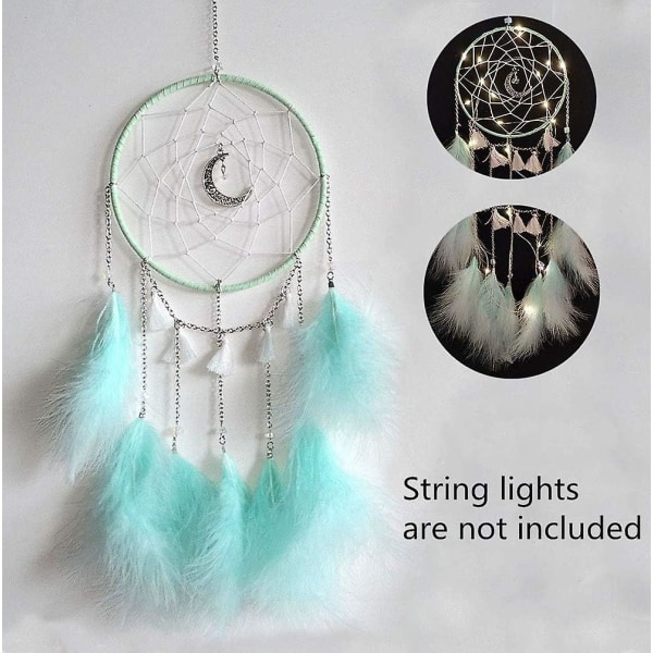 White Moonlight Wrap Light - Drømmefanger Med Fjer Dekoration Hængende Ornament Til Bil Værelse Dekoration