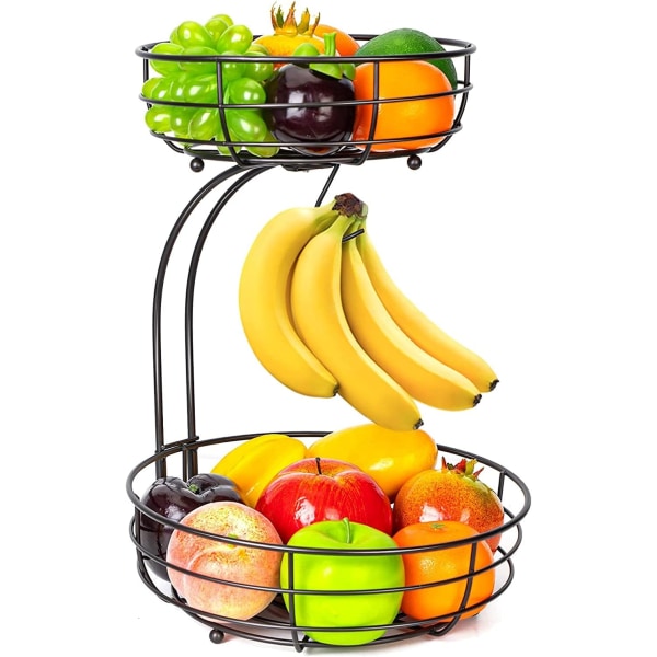 Fruit Basket, 2-Tier Fruit Bowl with Banana Hanger, Kitchen Countertop Rack, Metal Bowls Perfect for Holding Fruit, Vegetables, Snacks, Cupcakes