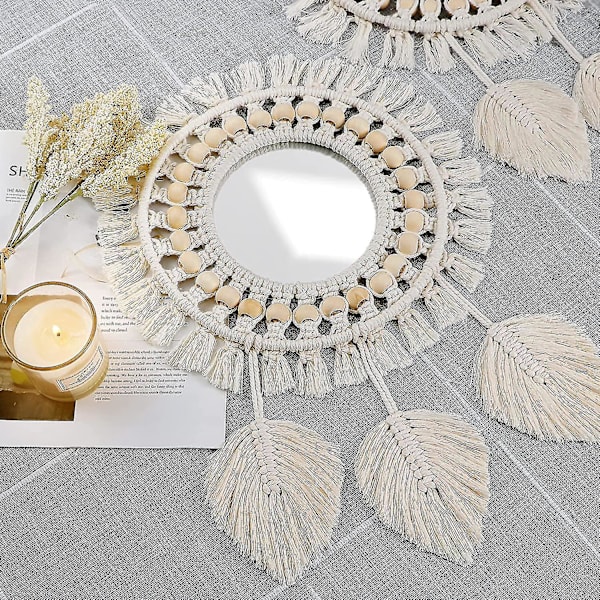 Seinän peili, Boho Macrame hapsutettu peili puuhelmi sulka riipus (beige)