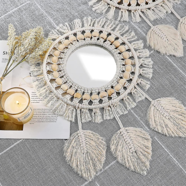 Wall Mirror, Boho Macrame Fringed Mirror With Wood Bead Feather Pendant (beige)