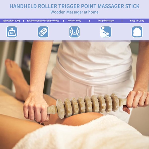 Håndholdt Træmassagevalse Triggerpunkt Massagepind 9 Rulle Massageredskab til at Lindre Muskelsmerter Kropsgendannelse (Hvid)