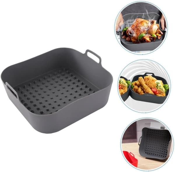 Firkantet genanvendeligt silikone airfryer ovntilbehør, grå