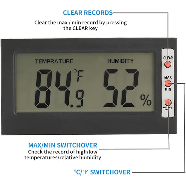 Digital LCD Hygrometer Innendørs Termometer Multifunksjons Monitor Temperatur Fuktighetsmåler For Kontor Soverom Stue Drivhusdyrking (1 stk