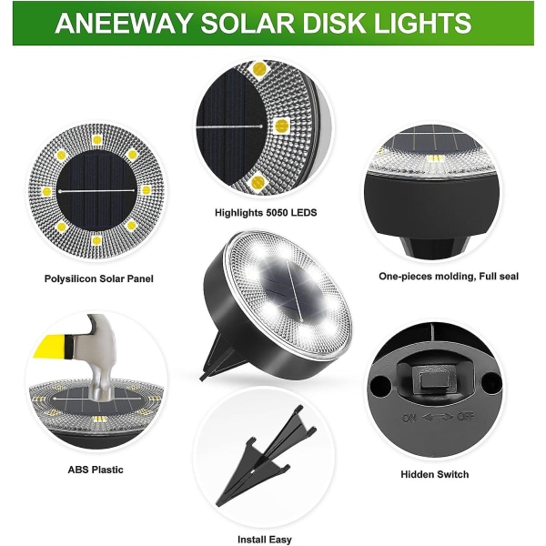 8 LED:n ulkoaurinkovalo, 8 maan alla olevaa puutarhavaloa 6000k vedenpitävä IP68 aurinkovalo upotettu valokeila poluille, terasseille, pihoille ja maan alle (