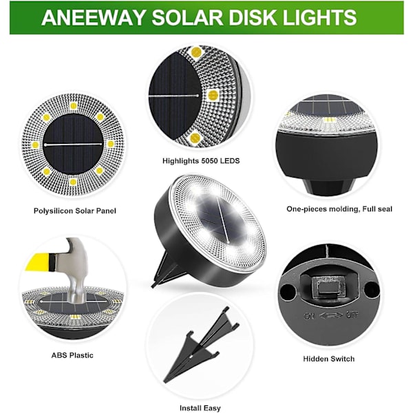 8 LED Solcelle Utelys, 8 Jordhagebelysning 6000k Vanntett IP68 Solcellelys Nedfelt Spotlight For Stier, Dekk, Hagegårder Og Underjord (