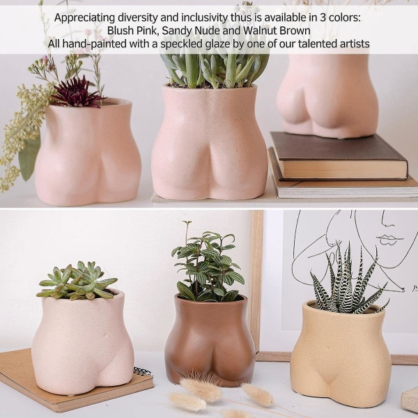 Plantepotte med keramikk, plantekasse med drenering for blomster, kunstdamevaser Boho Chic hjemmeinnredning (bunn, flekket rosa)